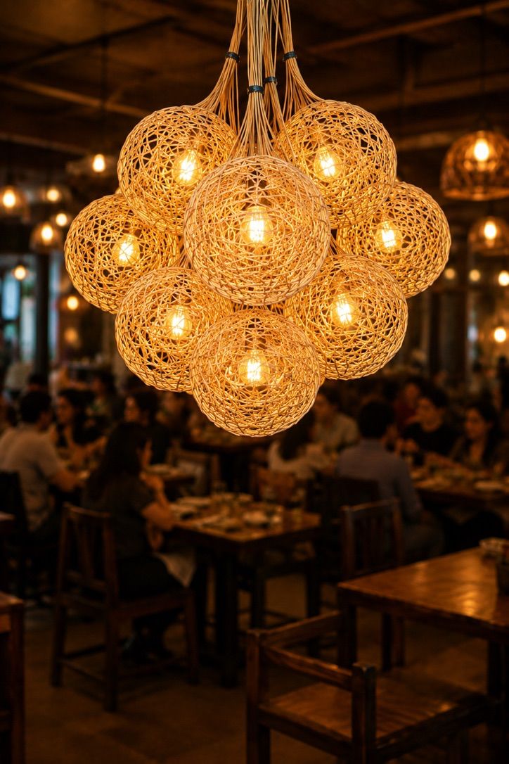 Handwoven Malaysian Cane Hanging Lamp | Round Pendant Light by CraftCane