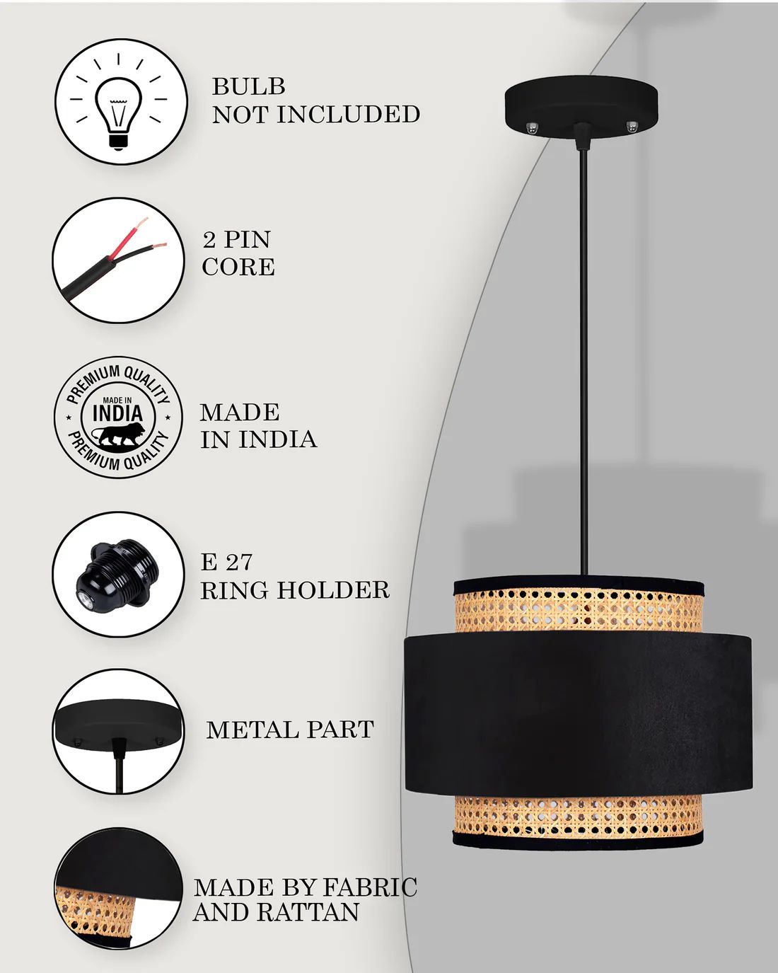 CraftCane Handmade Rattan & Fabric Pendant Lamp | Modern Hanging Light for Home Décor