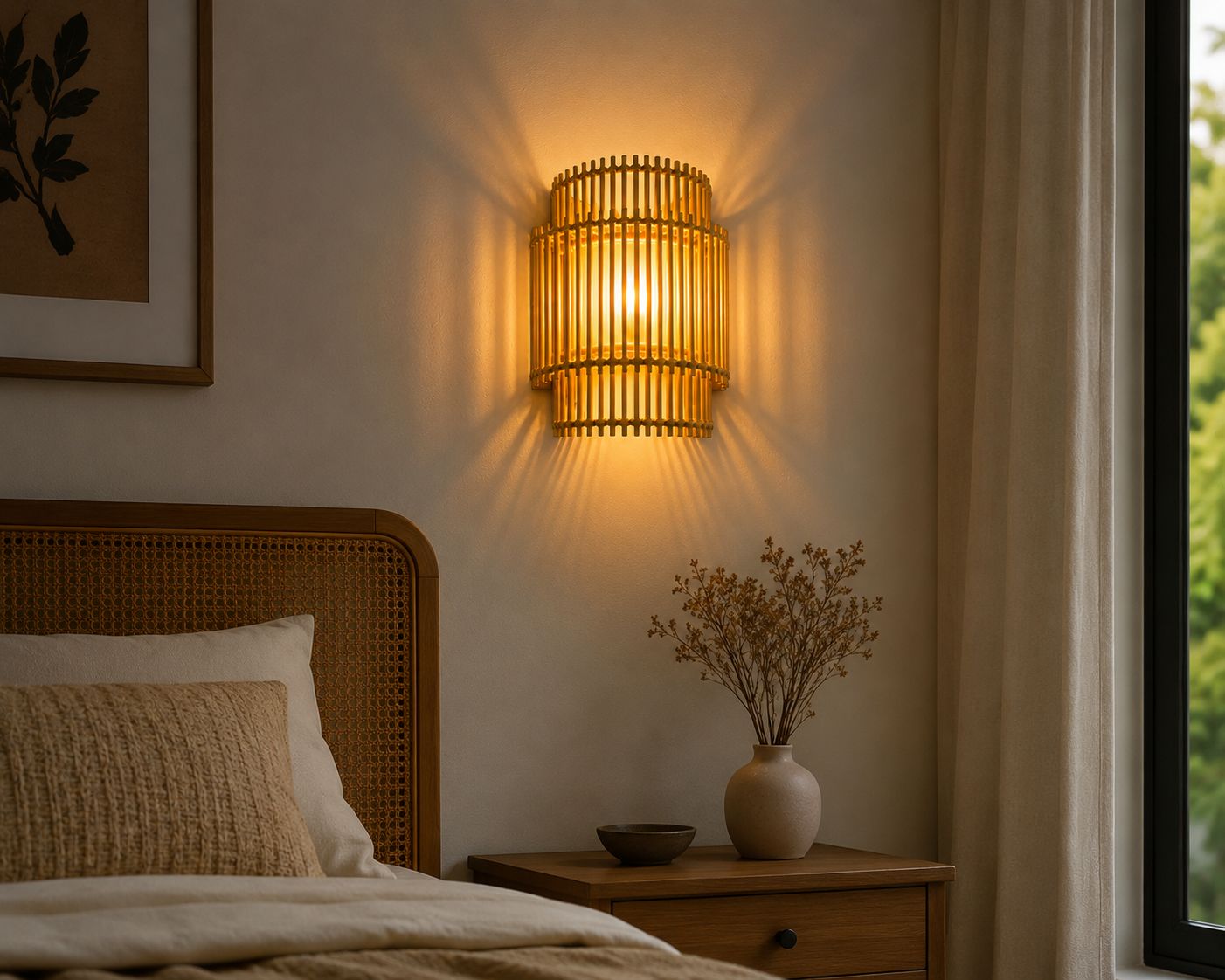 CraftCane Handmade Rattan Wall Lamp | Modern Cane Wall Light for Bedroom & Living Room