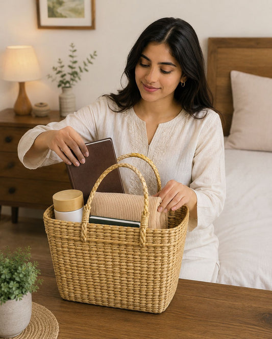 CraftCane Handmade Patira Storage Basket with Handles | Natural Woven Organizer Basket
