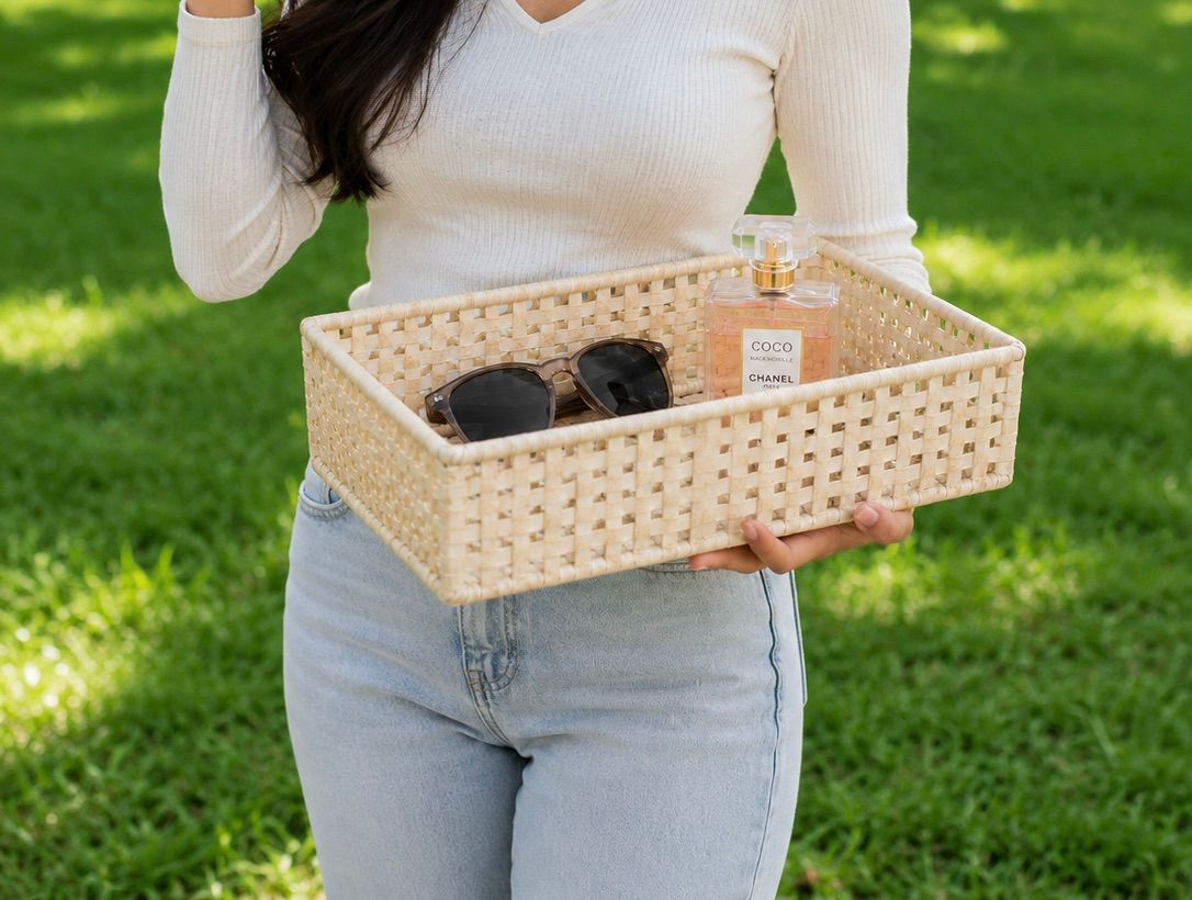 Handwoven Malaysian Cane Storage Tray | Eco-Friendly Multipurpose Organizer Basket